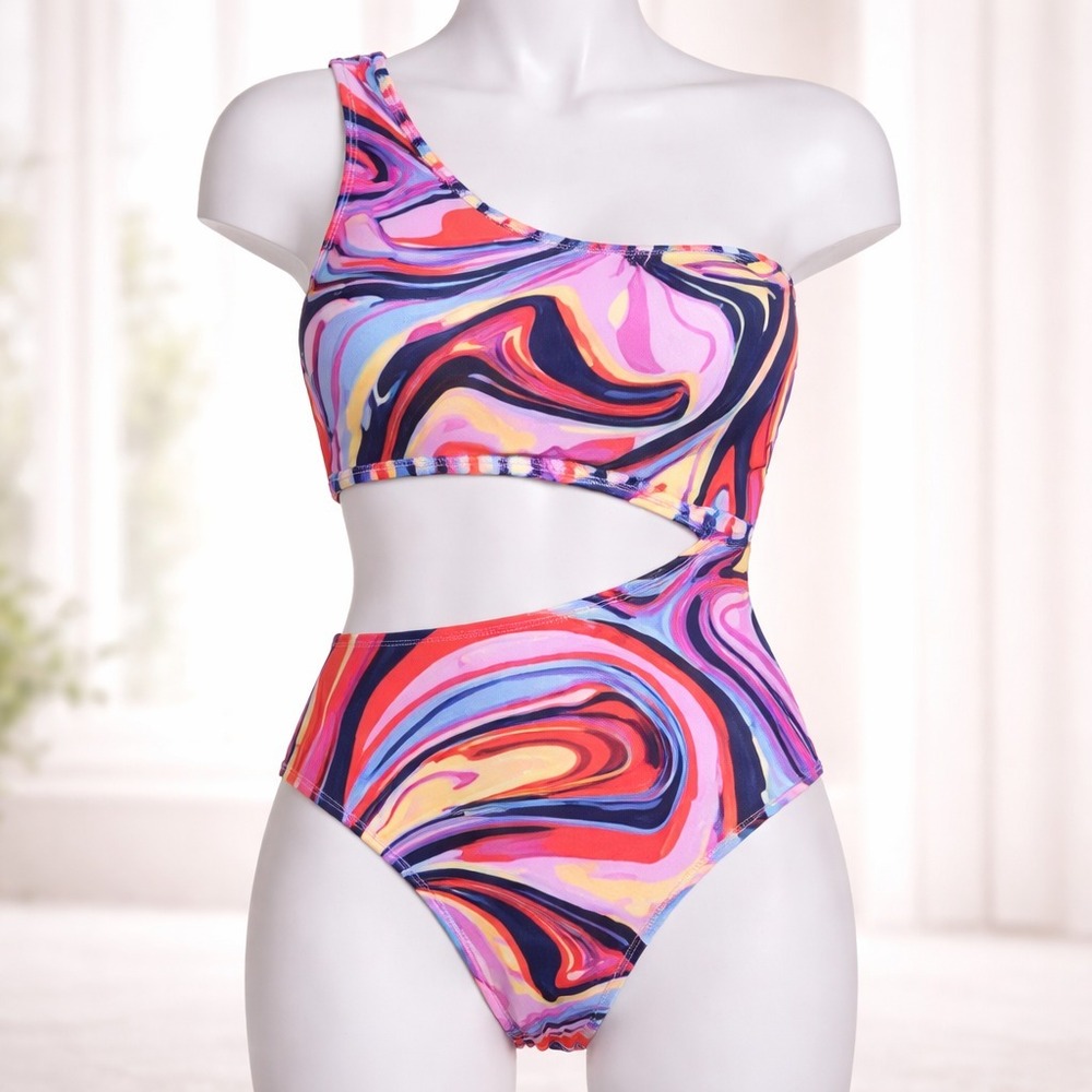 Unbranded Medium 1 Pc Multi Color Swirl Swimsuit One Shoulder Midrif Cutout